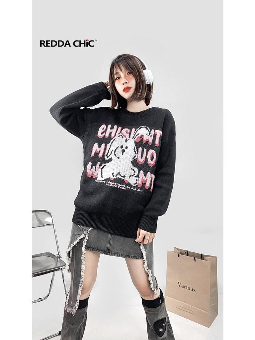 ReddaChic Cartoon Print Crew Neck Commuter Regular Fit Youth Black Short Sleeve T-Shirts