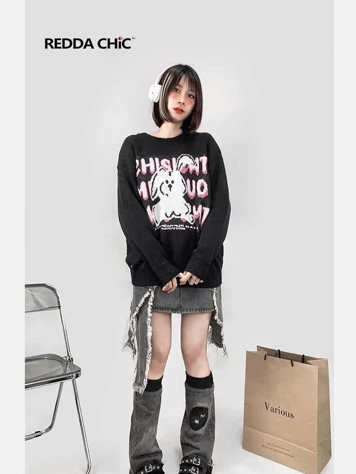 ReddaChic Cartoon Print Crew Neck Commuter Regular Fit Youth Black Short Sleeve T-Shirts