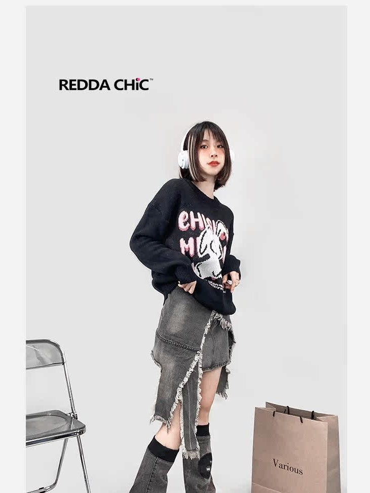 ReddaChic Cartoon Print Crew Neck Commuter Regular Fit Youth Black Short Sleeve T-Shirts