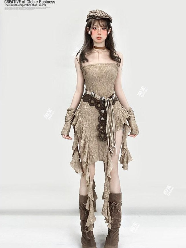 ReddaChic Cinched Waist Wasteland Sleeveless Light Brown Inner Shorts Maxi Skirts