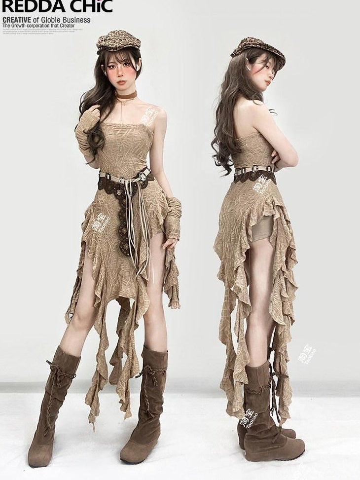 ReddaChic Cinched Waist Wasteland Sleeveless Light Brown Inner Shorts Maxi Skirts