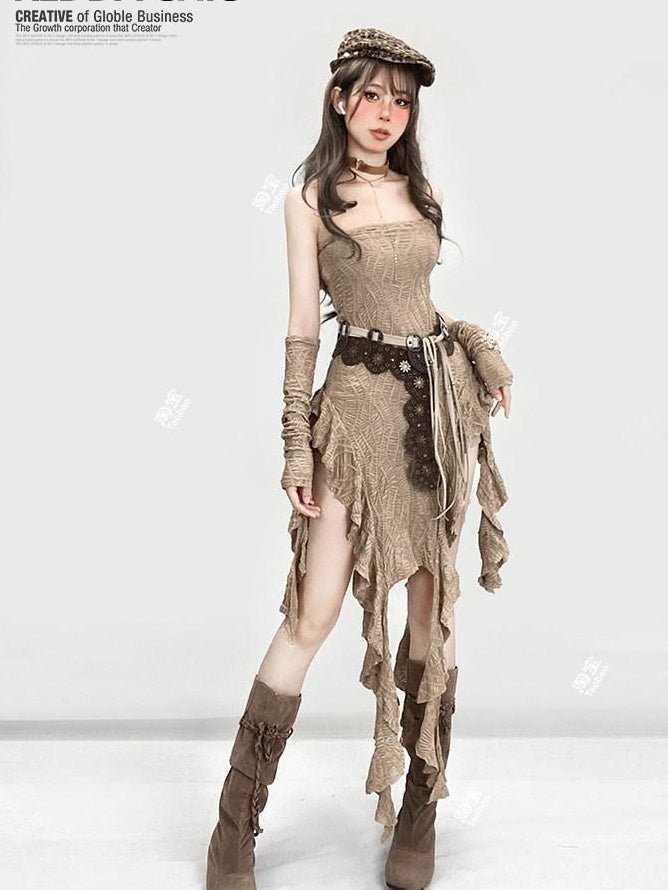ReddaChic Cinched Waist Wasteland Sleeveless Light Brown Inner Shorts Maxi Skirts