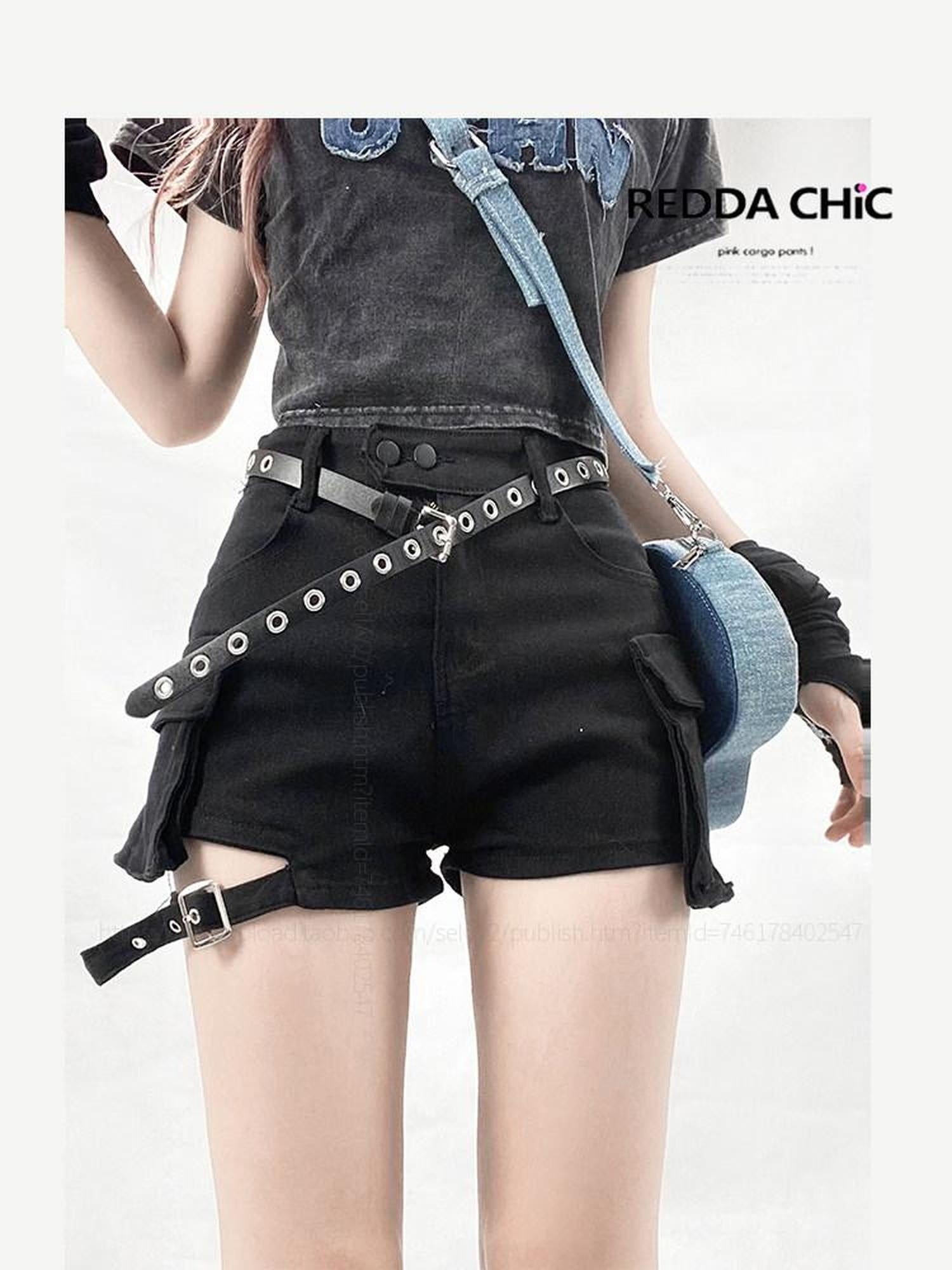ReddaChic Cooling Black Denim Crop Slim Highrise Shorts Match Long Sleeve T-Shirts