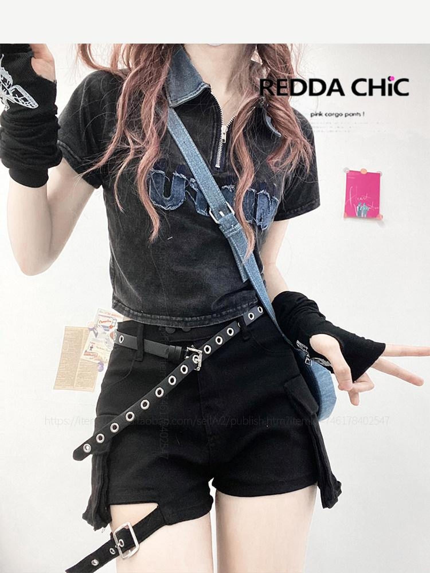ReddaChic Cooling Black Denim Crop Slim Highrise Shorts Match Long Sleeve T-Shirts