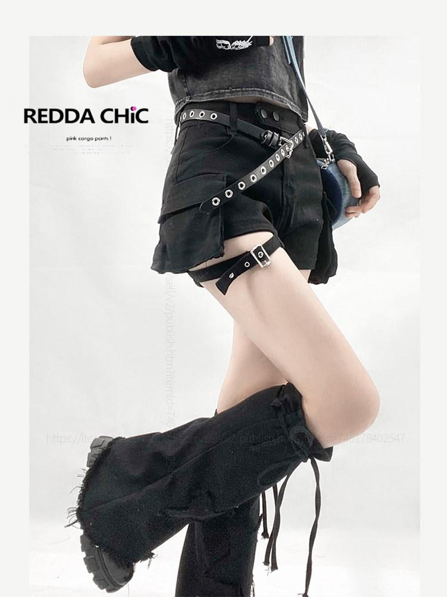 ReddaChic Cooling Black Denim Crop Slim Highrise Shorts Match Long Sleeve T-Shirts