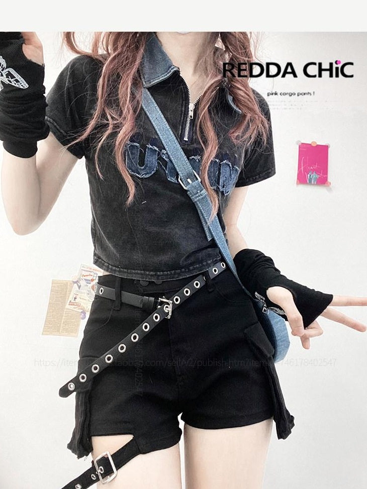 ReddaChic Cooling Black Denim Crop Slim Highrise Shorts Match Long Sleeve T-Shirts