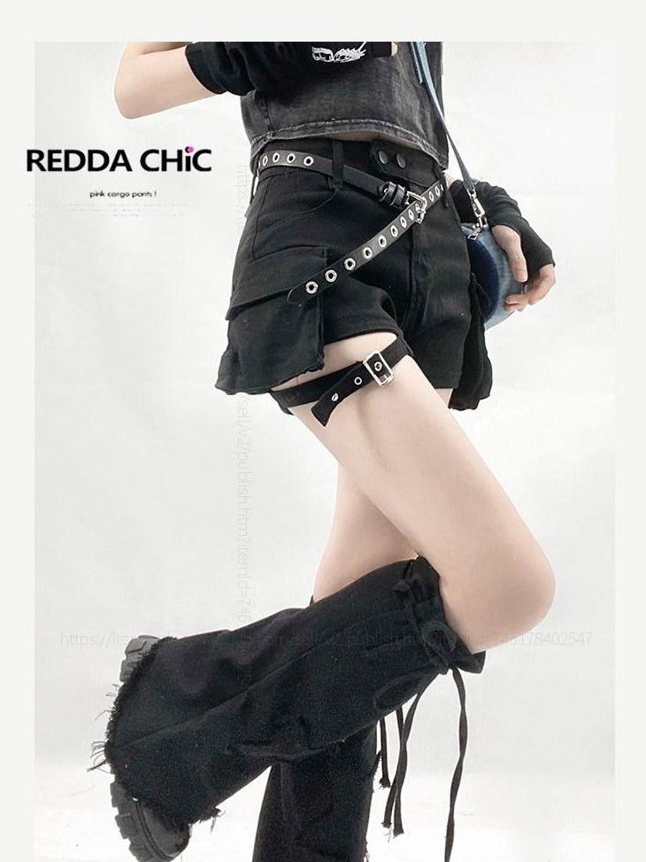 ReddaChic Cooling Black Denim Crop Slim Highrise Shorts Match Long Sleeve T-Shirts
