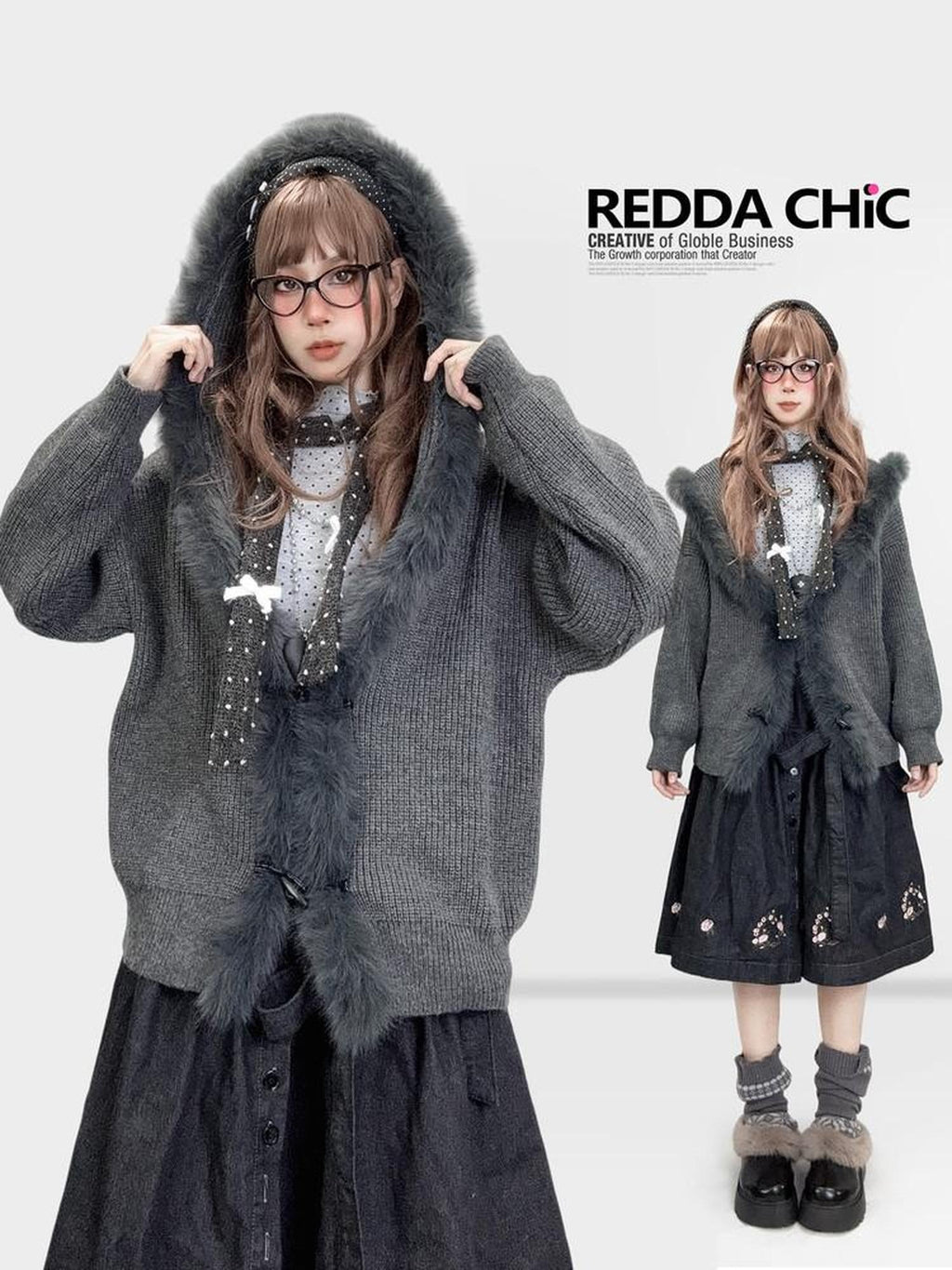 ReddaChic Cozy Fur Collar Vintage Loose Fit Long Sleeve Cardigan Knitwear Girls Sweaters