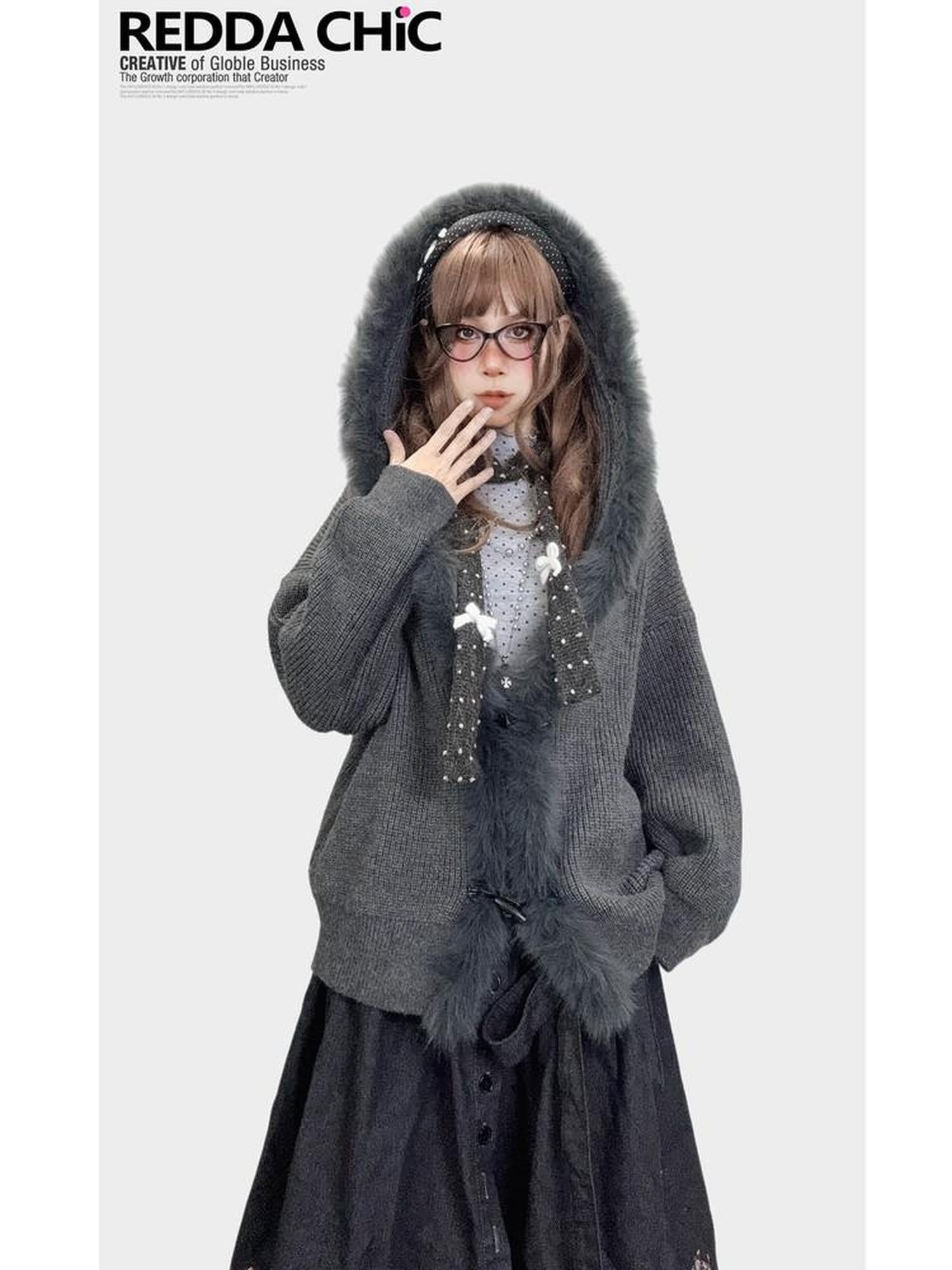 ReddaChic Cozy Fur Collar Vintage Loose Fit Long Sleeve Cardigan Knitwear Girls Sweaters