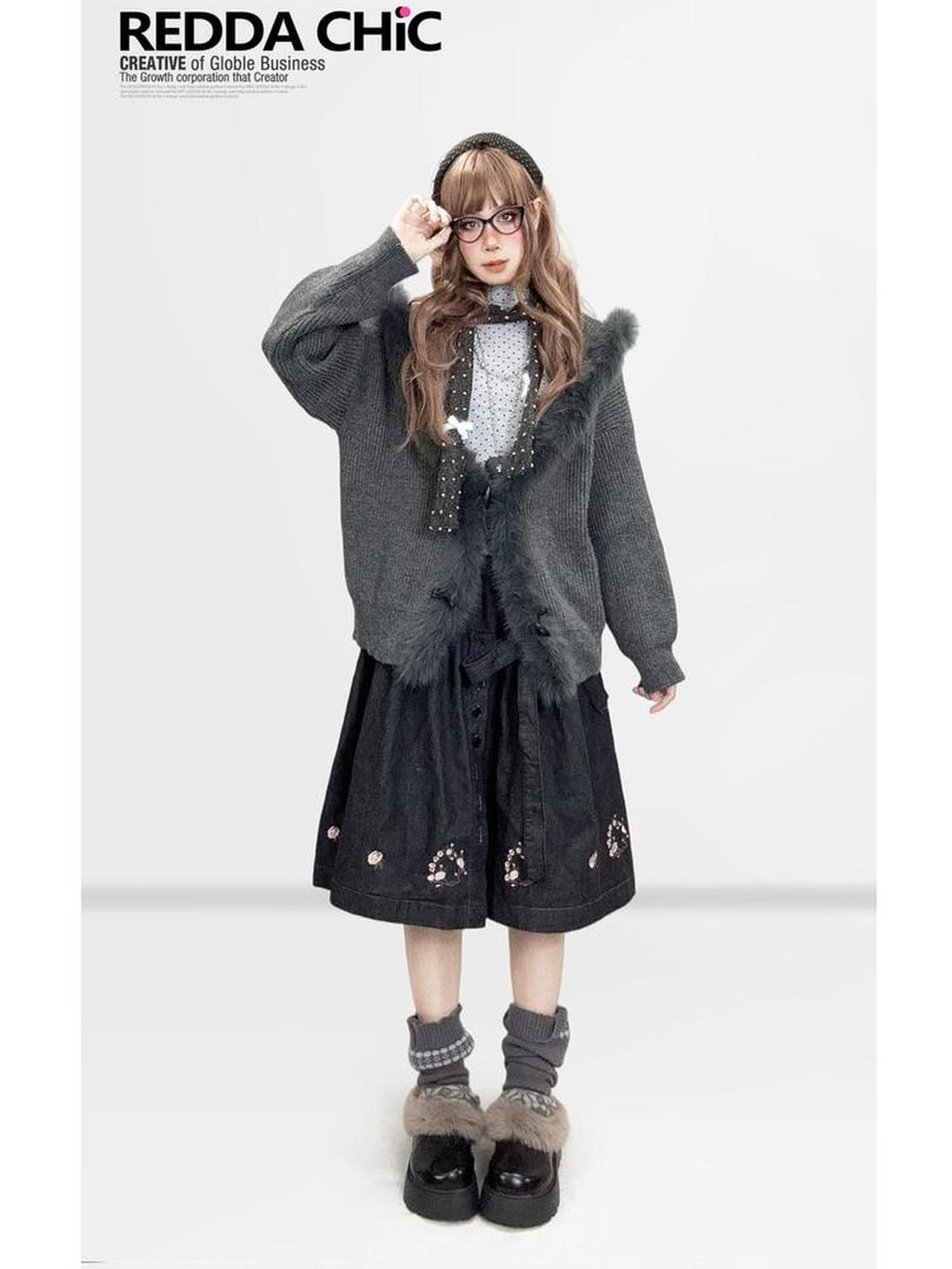 ReddaChic Cozy Fur Collar Vintage Loose Fit Long Sleeve Cardigan Knitwear Girls Sweaters