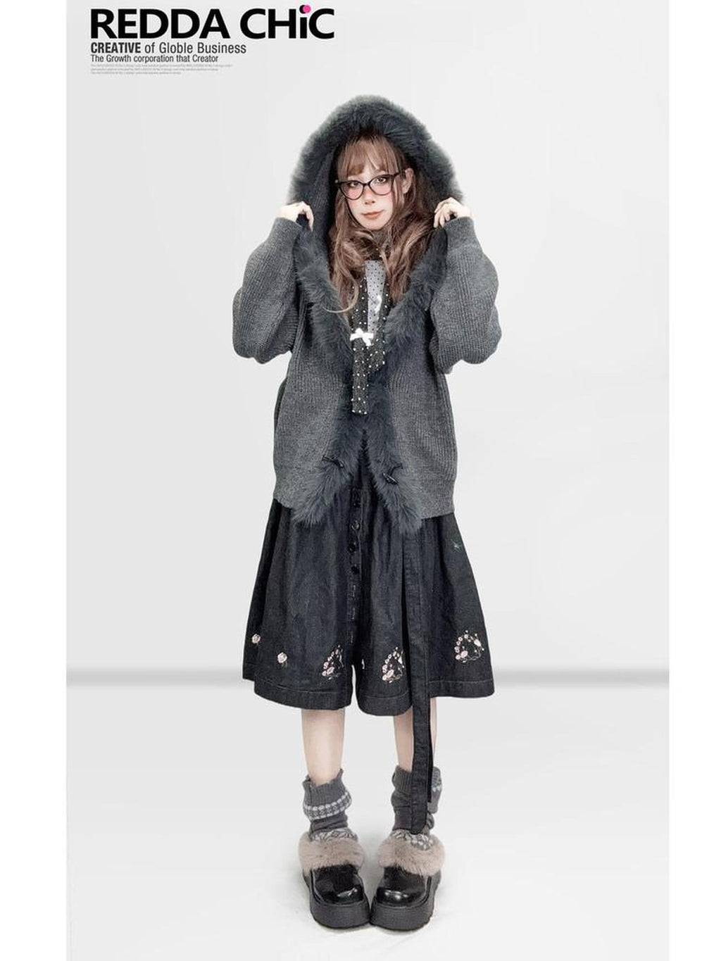 ReddaChic Cozy Fur Collar Vintage Loose Fit Long Sleeve Cardigan Knitwear Girls Sweaters