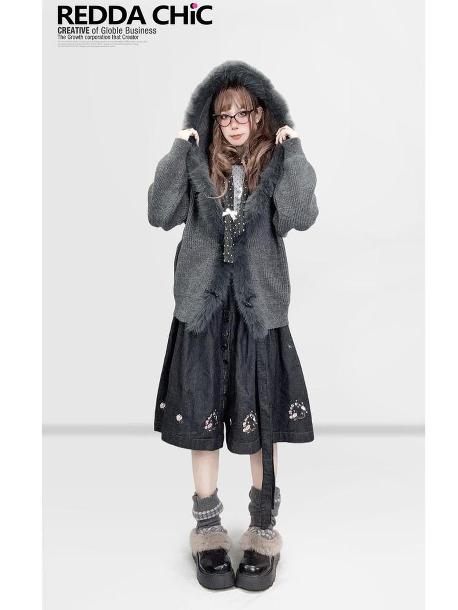 ReddaChic Cozy Fur Collar Vintage Loose Fit Long Sleeve Cardigan Knitwear Girls Sweaters