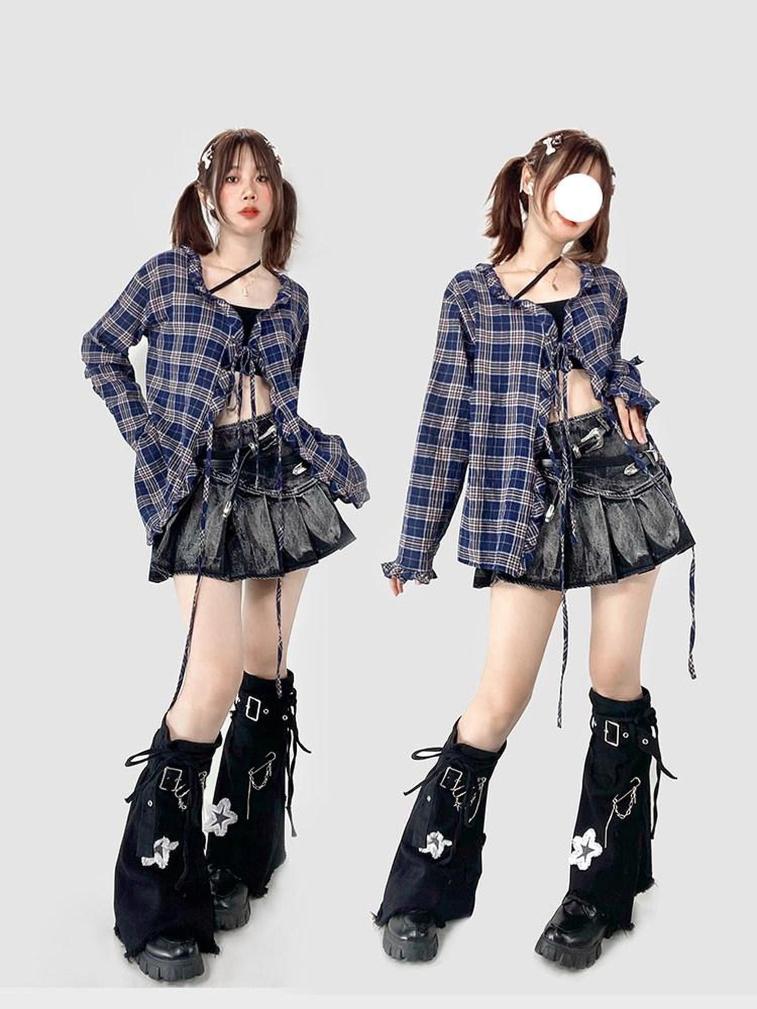 ReddaChic Cozy Plaid Loose Fit Casual One Size Dark Navy Fashion Leg Warmers