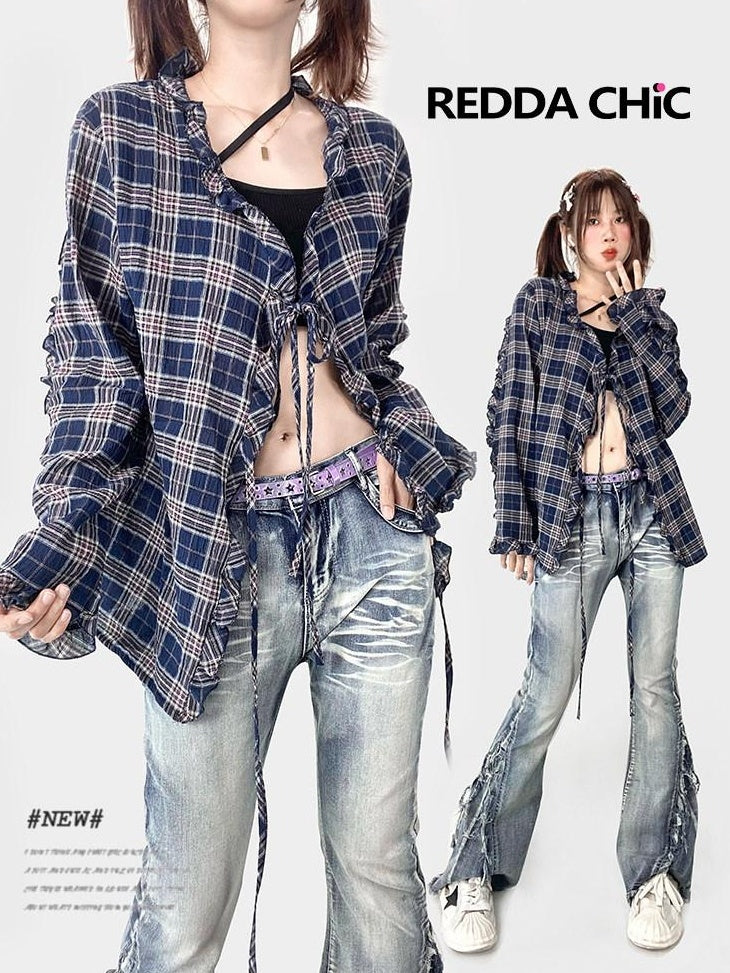 ReddaChic Cozy Plaid Loose Fit Casual One Size Dark Navy Fashion Leg Warmers