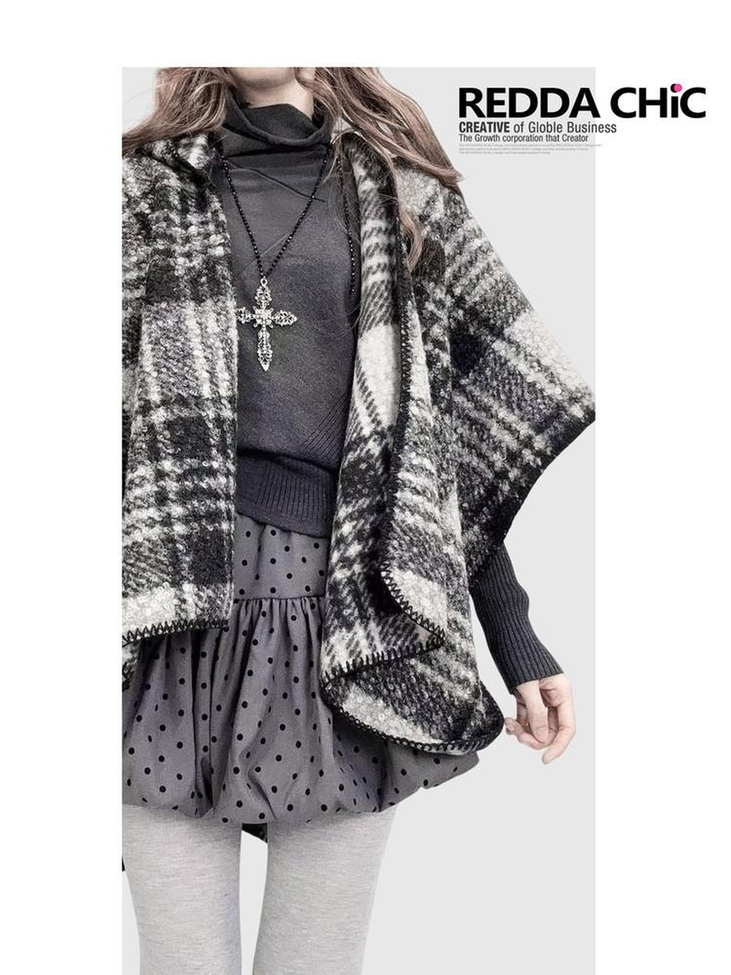 ReddaChic Cozy Thermal British Plaid Cotton Tunic Young Women Detachable Shawl Shirts