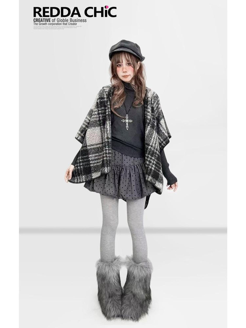 ReddaChic Cozy Thermal British Plaid Cotton Tunic Young Women Detachable Shawl Shirts