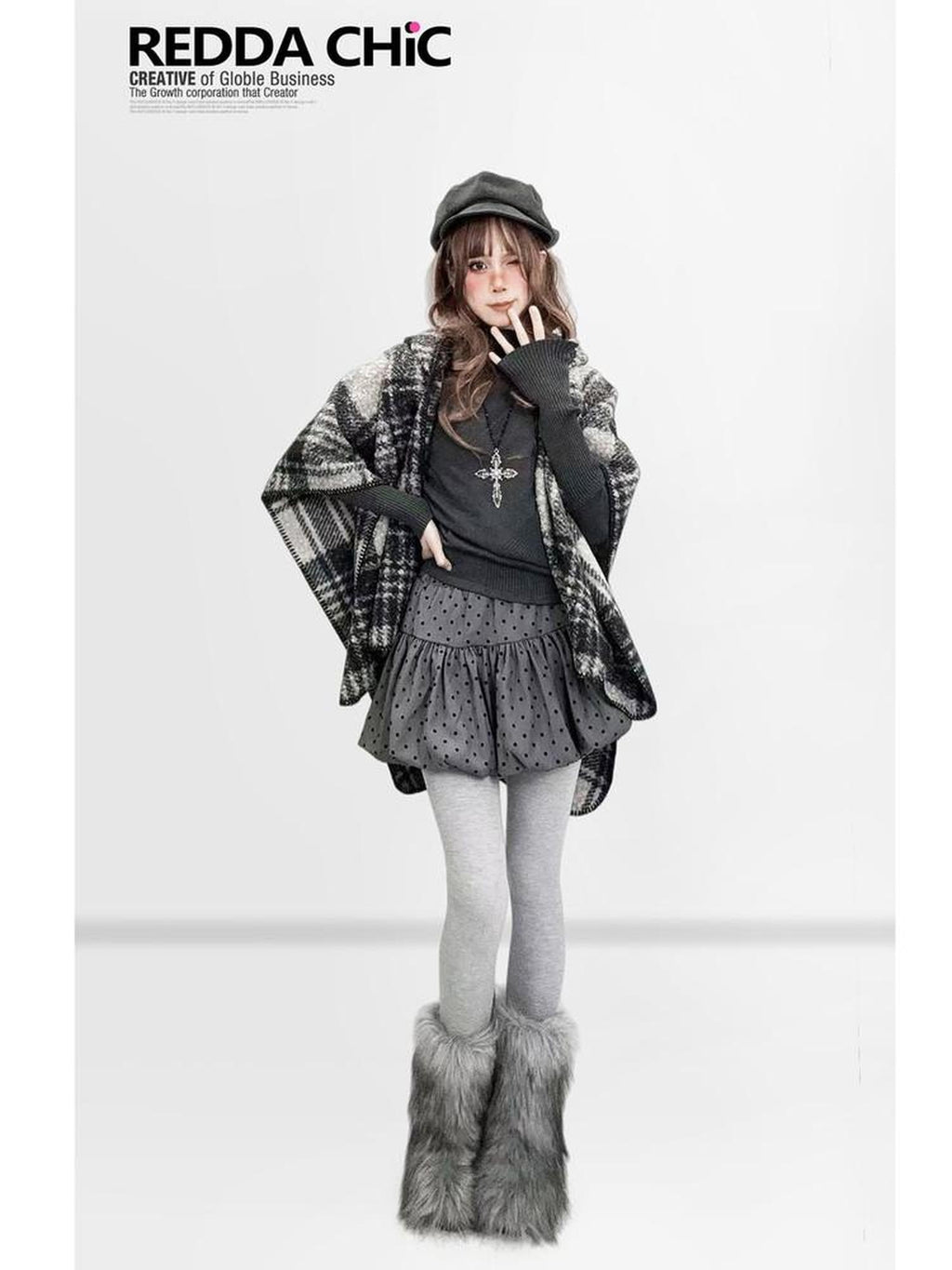 ReddaChic Cozy Thermal British Plaid Cotton Tunic Young Women Detachable Shawl Shirts