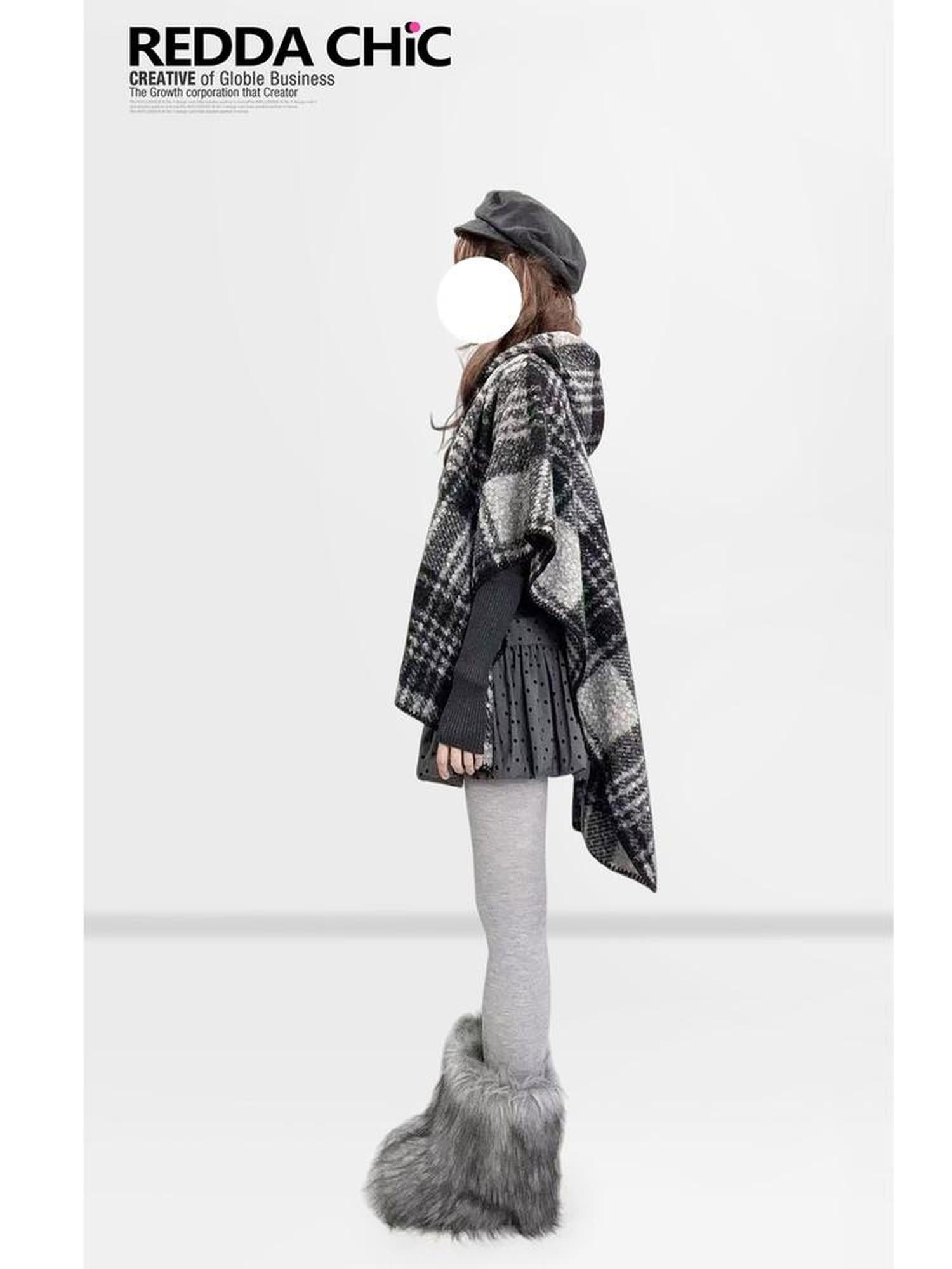 ReddaChic Cozy Thermal British Plaid Cotton Tunic Young Women Detachable Shawl Shirts