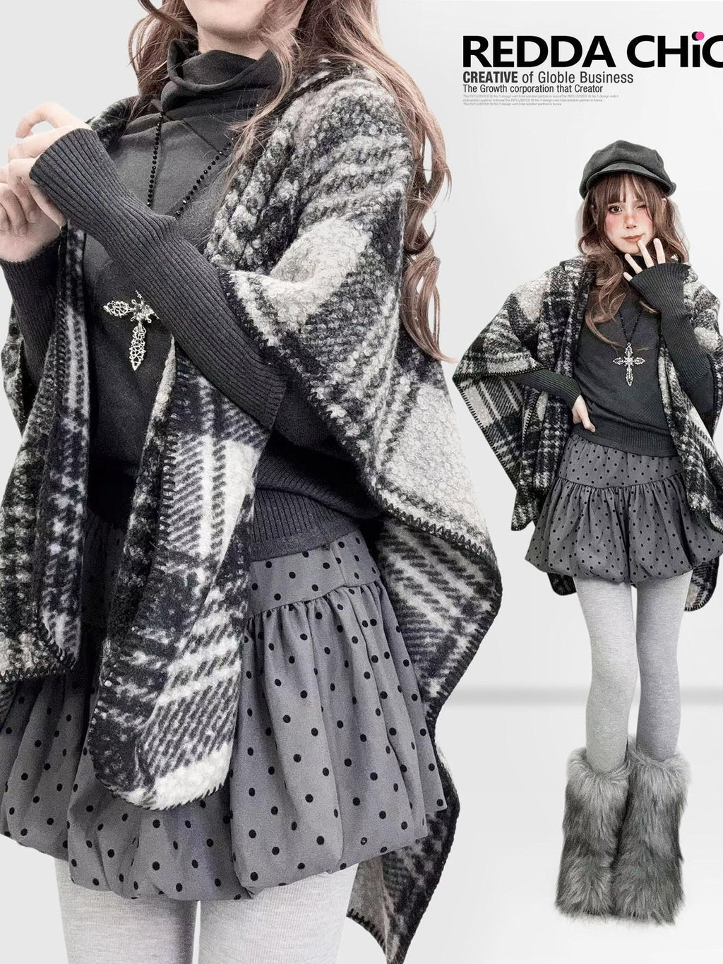 ReddaChic Cozy Thermal British Plaid Cotton Tunic Young Women Detachable Shawl Shirts