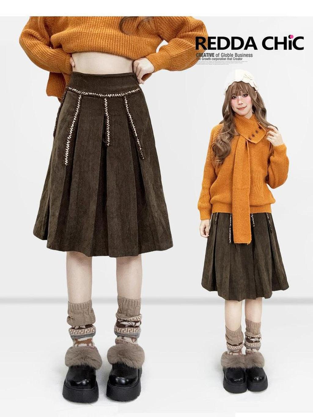 ReddaChic Cozy Thick Velvet Vintage Embroidered High Waist A Line Coffee Brown Maxi Skirts