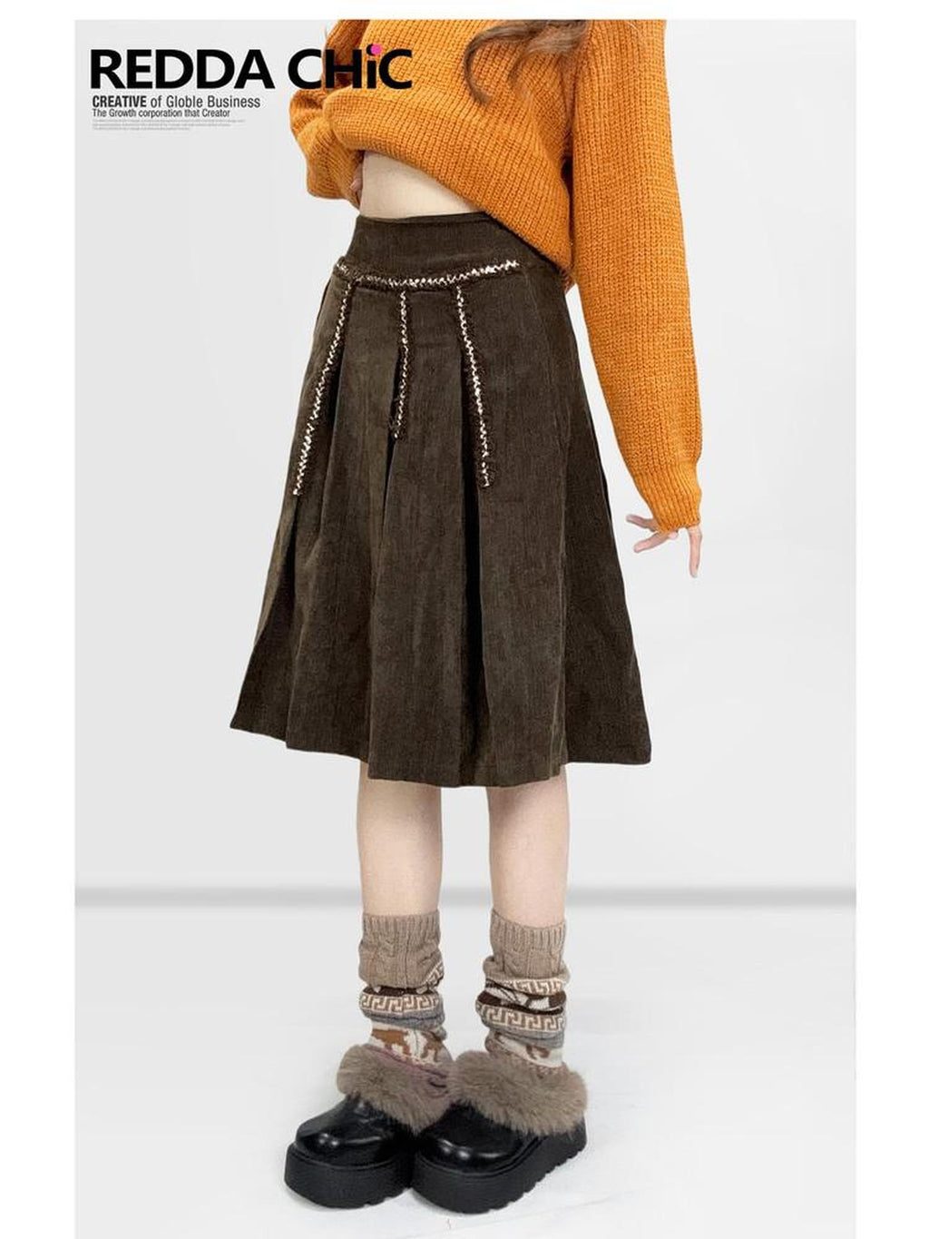 ReddaChic Cozy Thick Velvet Vintage Embroidered High Waist A Line Coffee Brown Maxi Skirts
