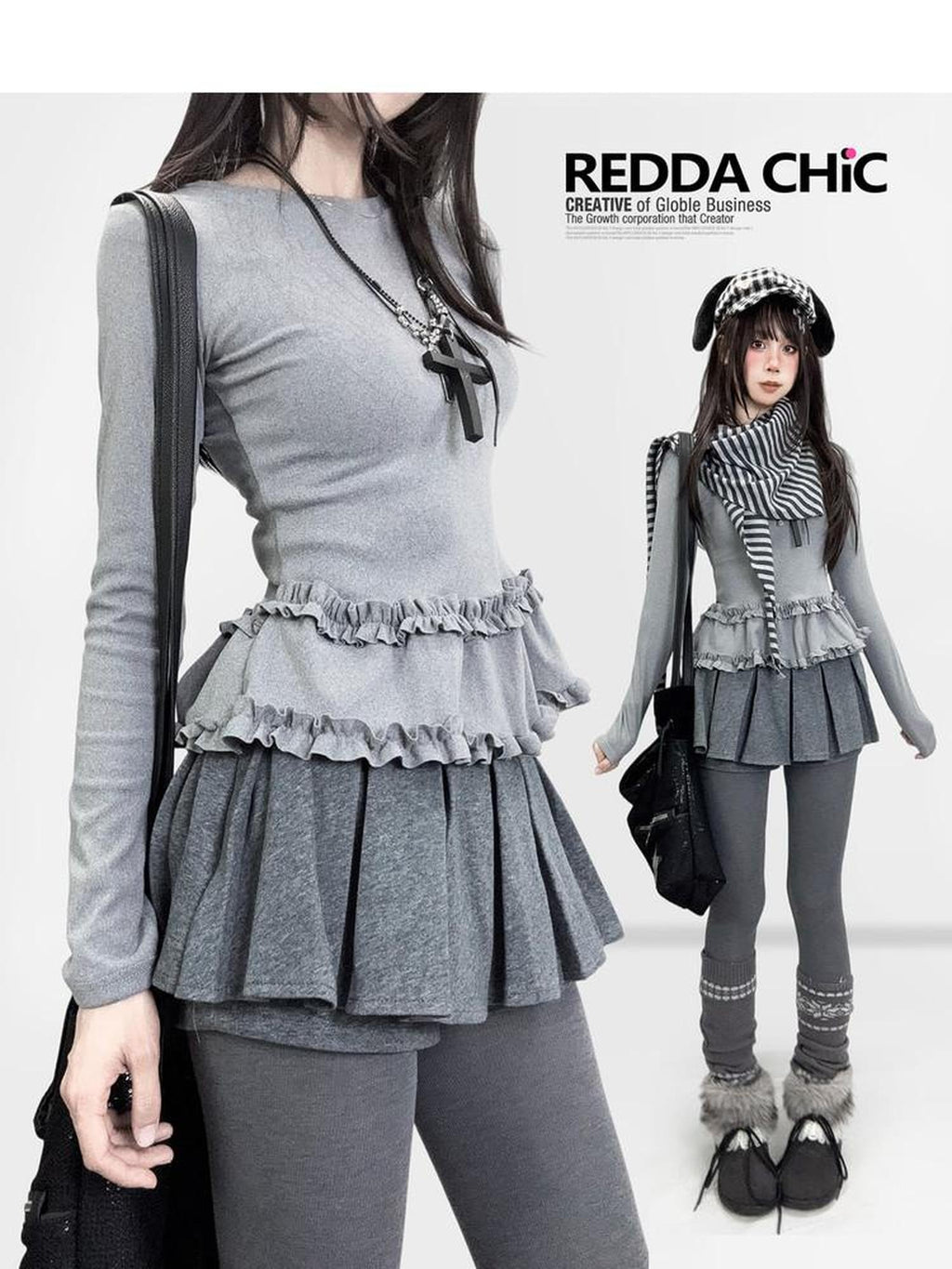 ReddaChic Cozy Vintage Slim Long Sleeve Brushed Velvet Gray Bodycon Slip Midi Dresses