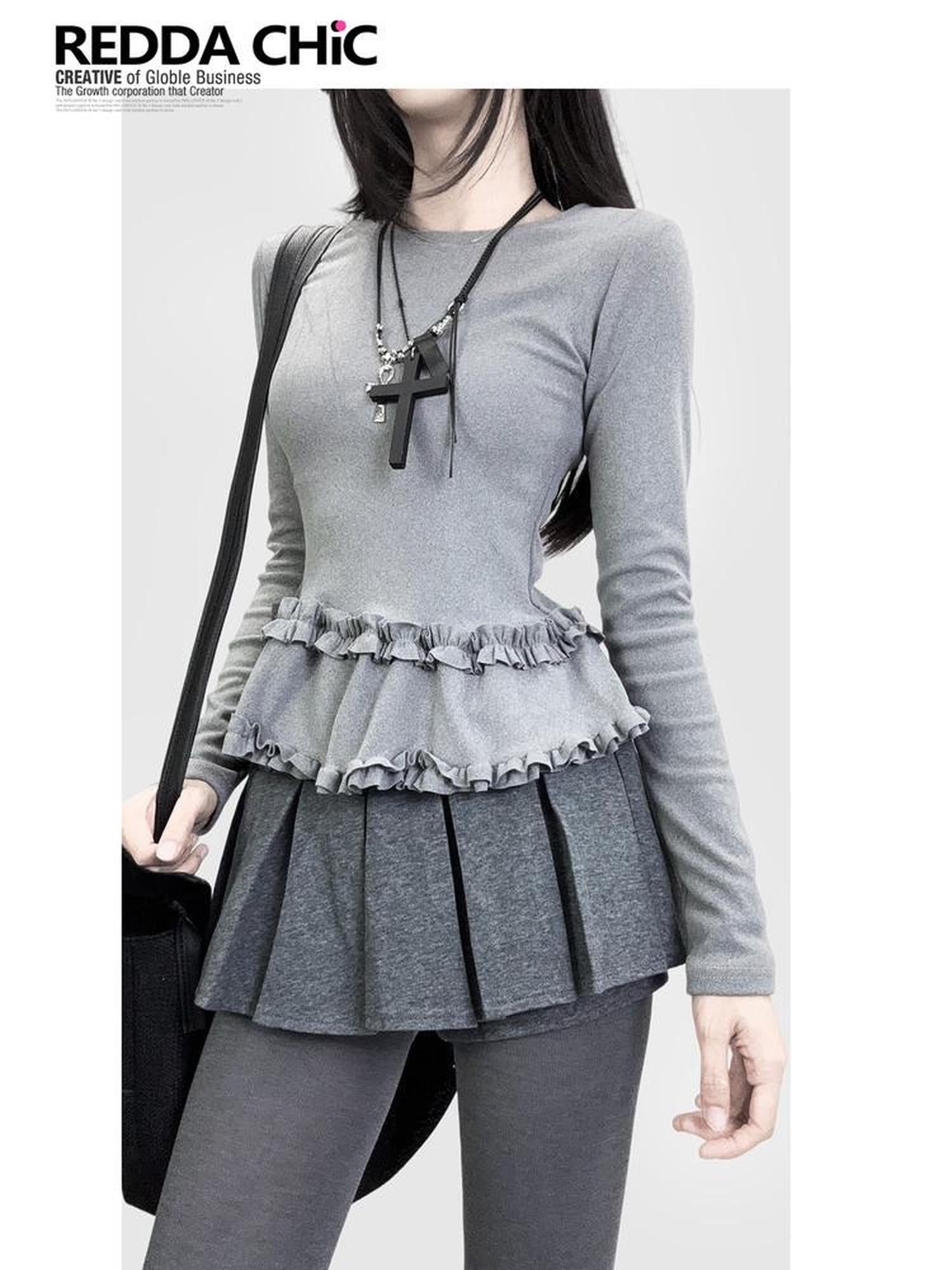 ReddaChic Cozy Vintage Slim Long Sleeve Brushed Velvet Gray Bodycon Slip Midi Dresses
