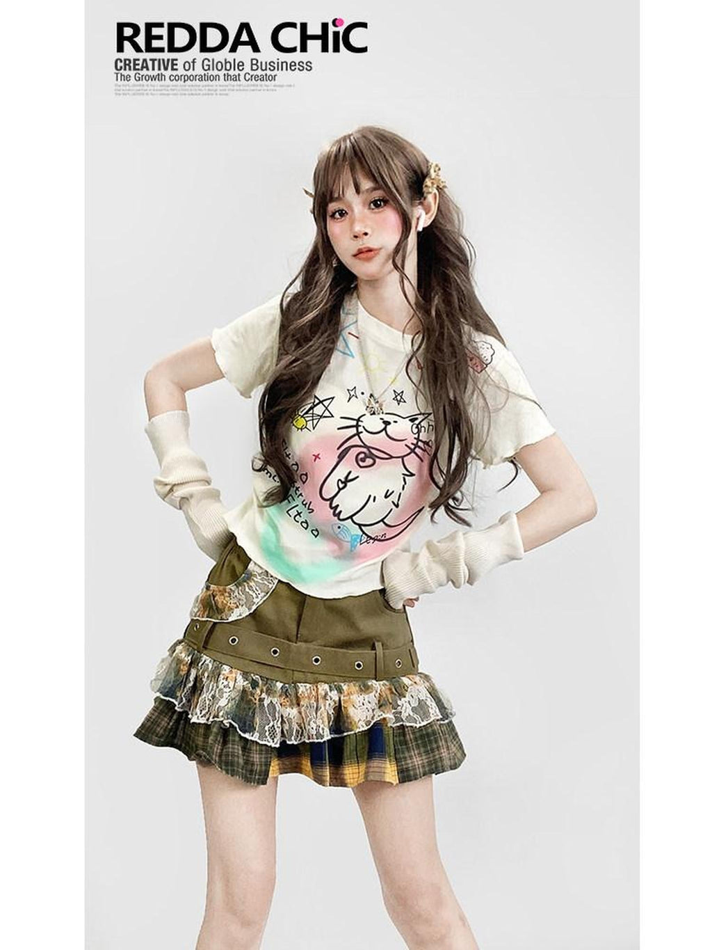 ReddaChic Creative Anime Print Loose Fit Office Crew Neck White Short Sleeve T-Shirts