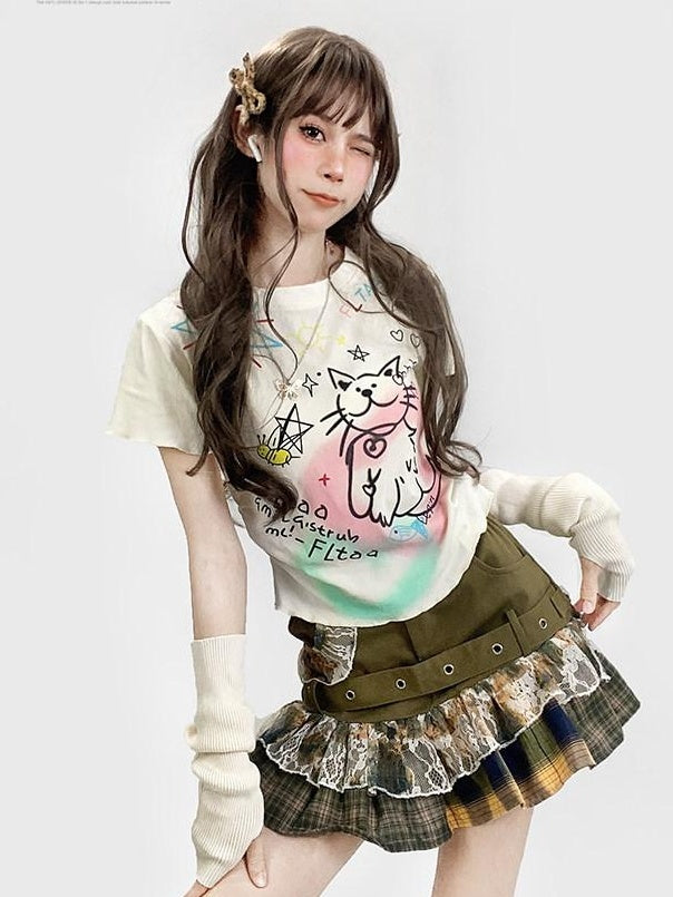 ReddaChic Creative Anime Print Loose Fit Office Crew Neck White Short Sleeve T-Shirts