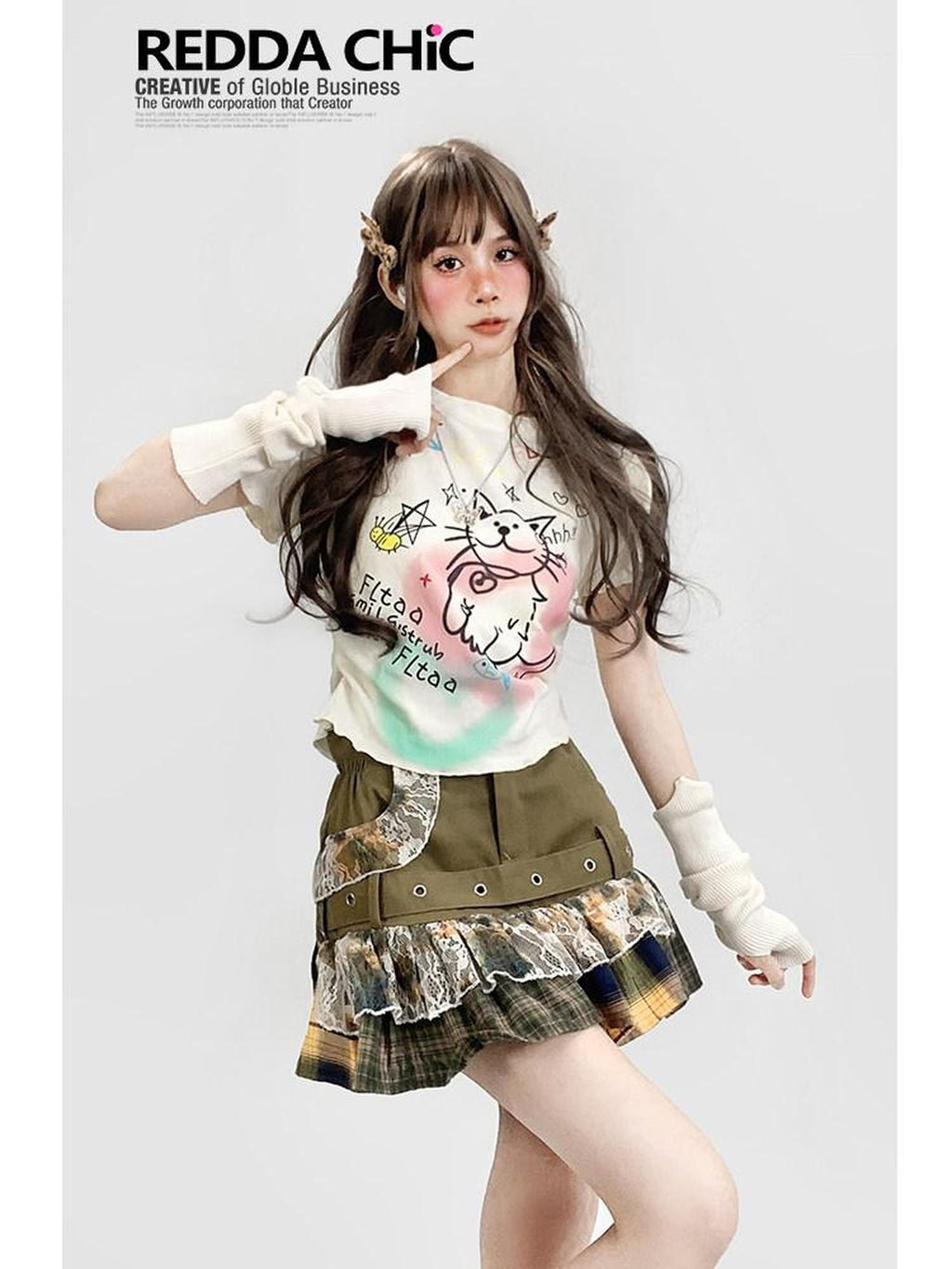 ReddaChic Creative Anime Print Loose Fit Office Crew Neck White Short Sleeve T-Shirts