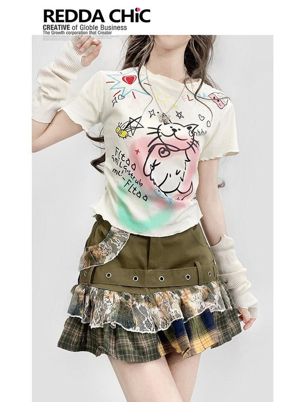 ReddaChic Creative Anime Print Loose Fit Office Crew Neck White Short Sleeve T-Shirts