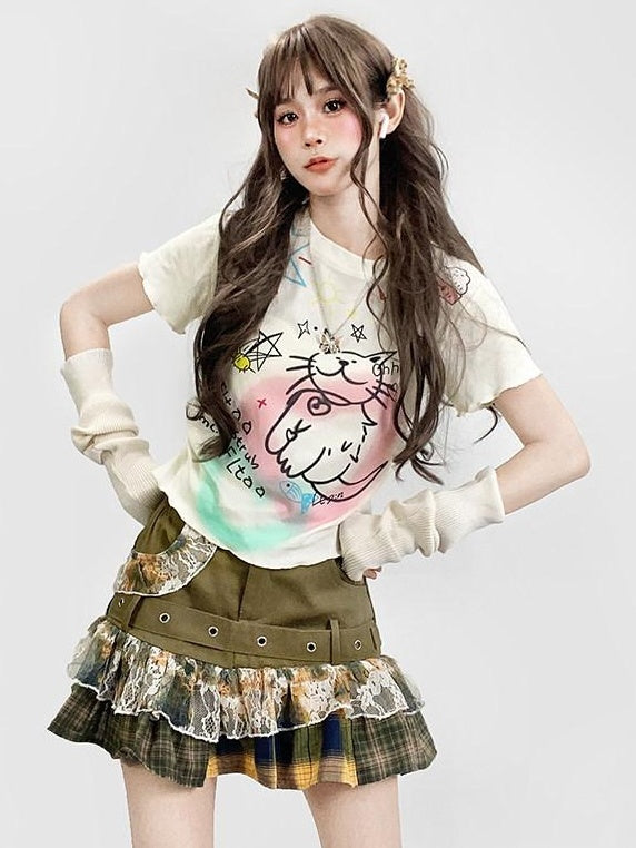 ReddaChic Creative Anime Print Loose Fit Office Crew Neck White Short Sleeve T-Shirts