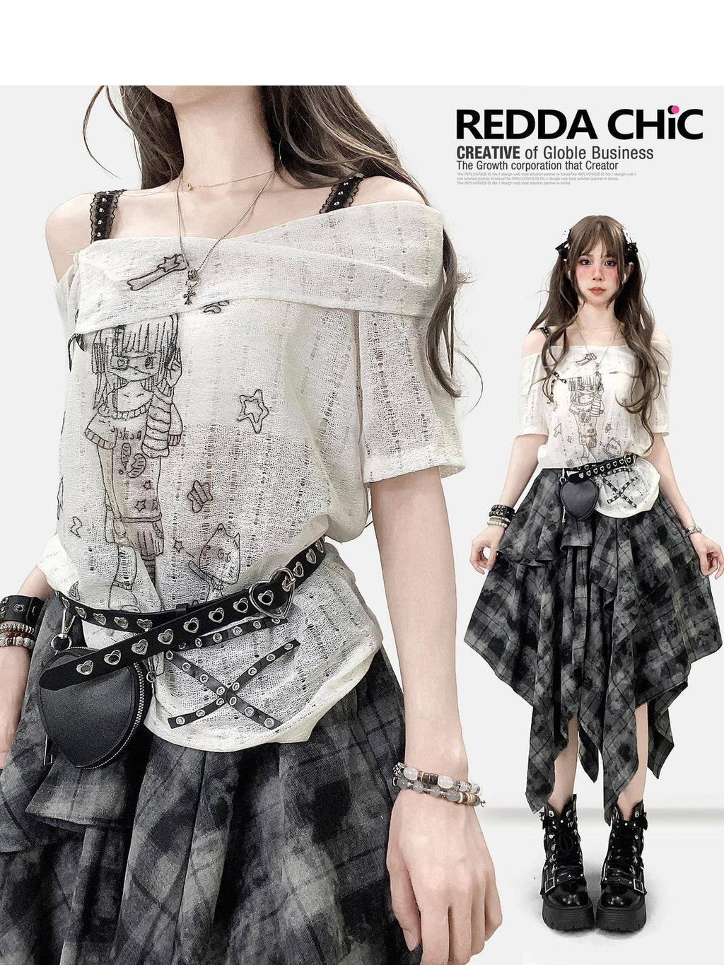 ReddaChic Creative Cartoon Print Sexy Streetwear Loose Fit Straight Neck White Camisoles