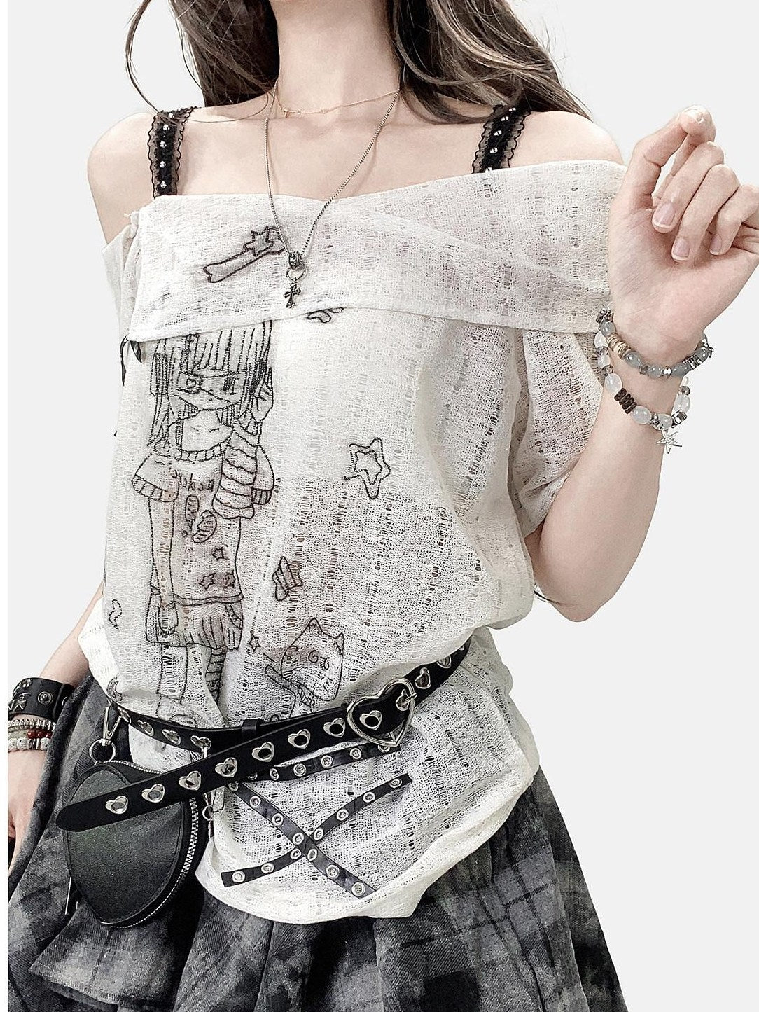 ReddaChic Creative Cartoon Print Sexy Streetwear Loose Fit Straight Neck White Camisoles