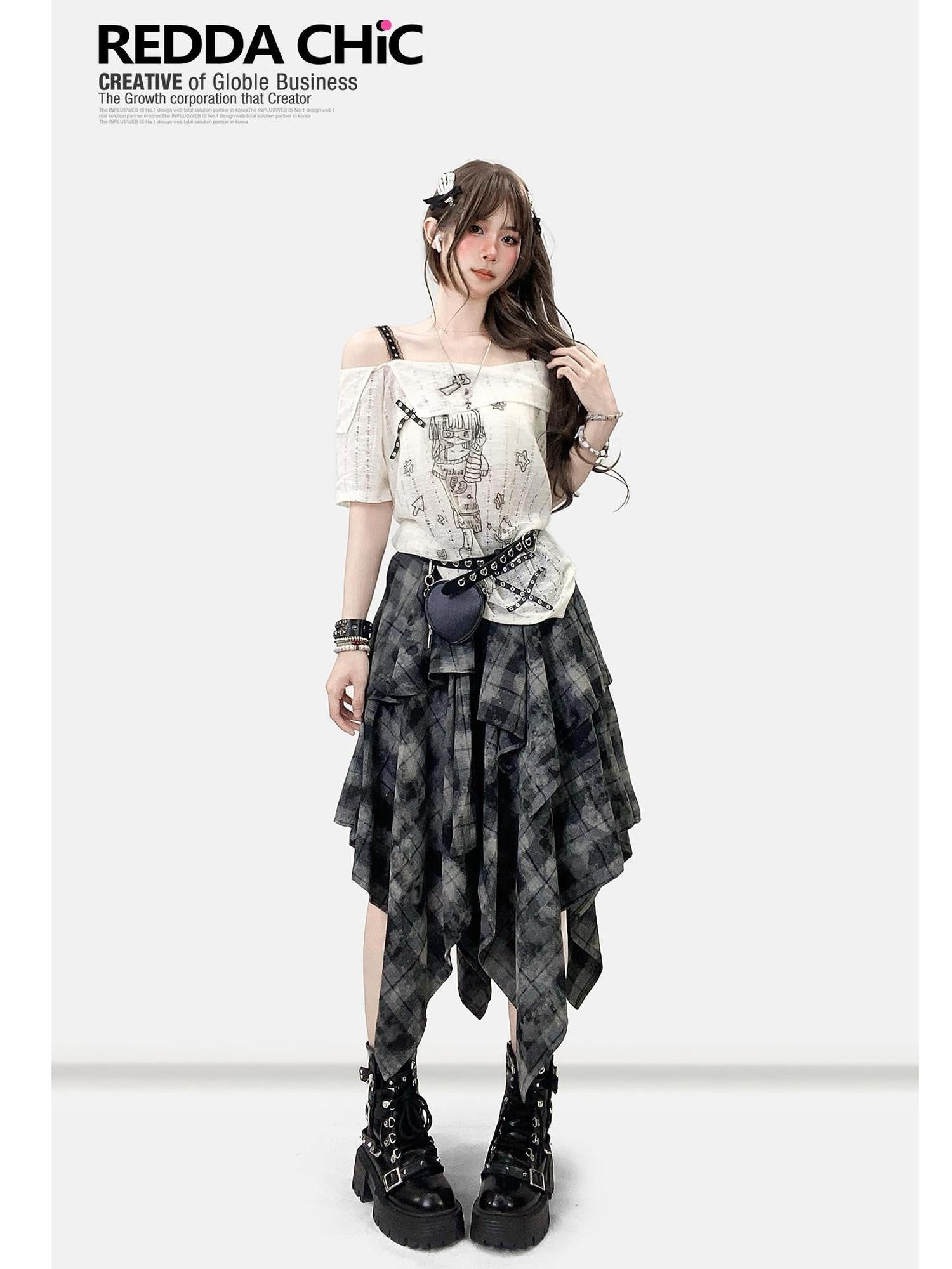 ReddaChic Creative Cartoon Print Sexy Streetwear Loose Fit Straight Neck White Camisoles