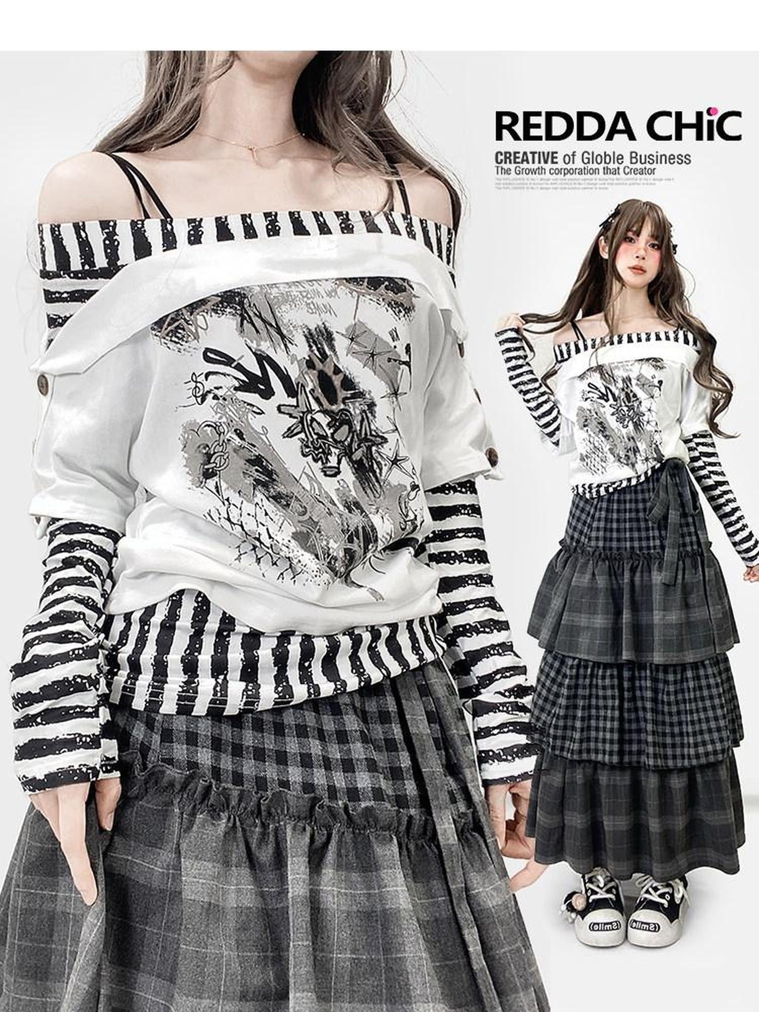 ReddaChic Creative Cross Stripe Print Slim Fit Boat Neck Commuter Short Sleeve T-Shirts