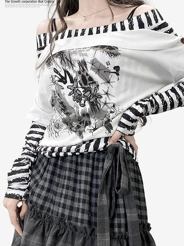 ReddaChic Creative Cross Stripe Print Slim Fit Boat Neck Commuter Short Sleeve T-Shirts