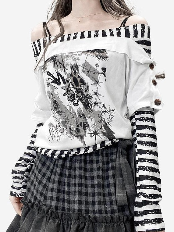ReddaChic Creative Cross Stripe Print Slim Fit Boat Neck Commuter Short Sleeve T-Shirts