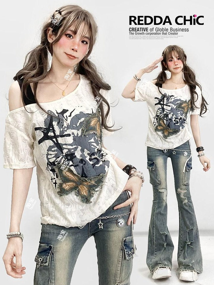 ReddaChic Creative Print Loose Fit Office Wear Young Women White Maxi Skirts