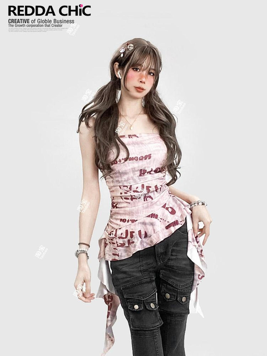 ReddaChic Cropped Slim Fit Letter Print Pink Camisole Women Long Sleeve T-Shirts