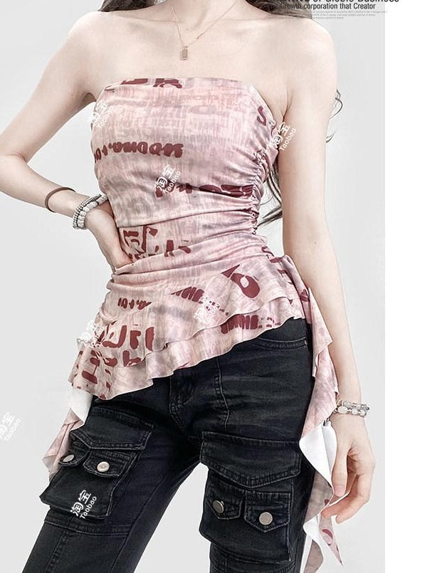 ReddaChic Cropped Slim Fit Letter Print Pink Camisole Women Long Sleeve T-Shirts