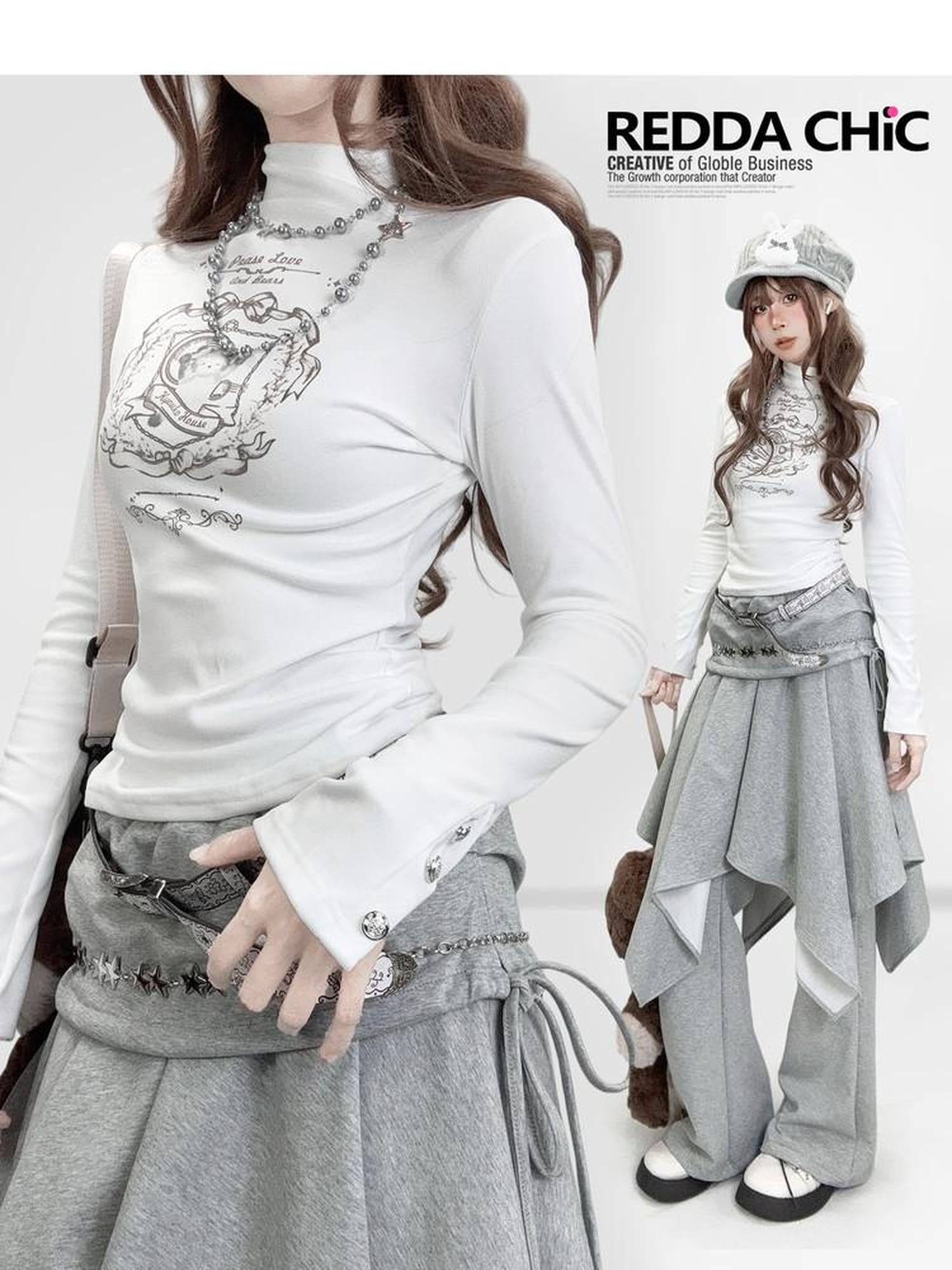 ReddaChic Cute Cinched Waist Derong Fabric White Character Print Young Women Mini Skirts