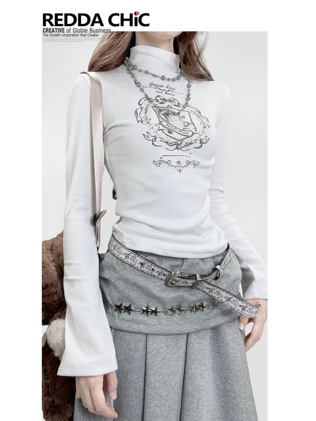 ReddaChic Cute Cinched Waist Derong Fabric White Character Print Young Women Mini Skirts