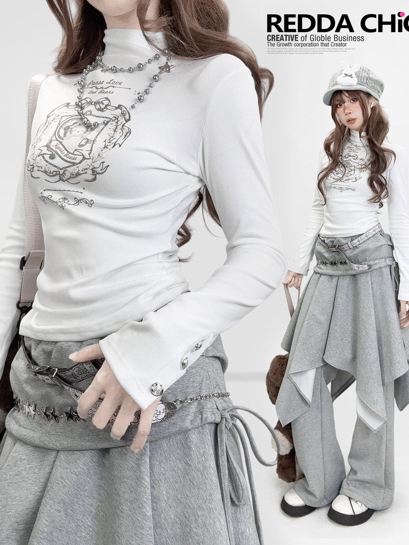 ReddaChic Cute Cinched Waist Derong Fabric White Character Print Young Women Mini Skirts