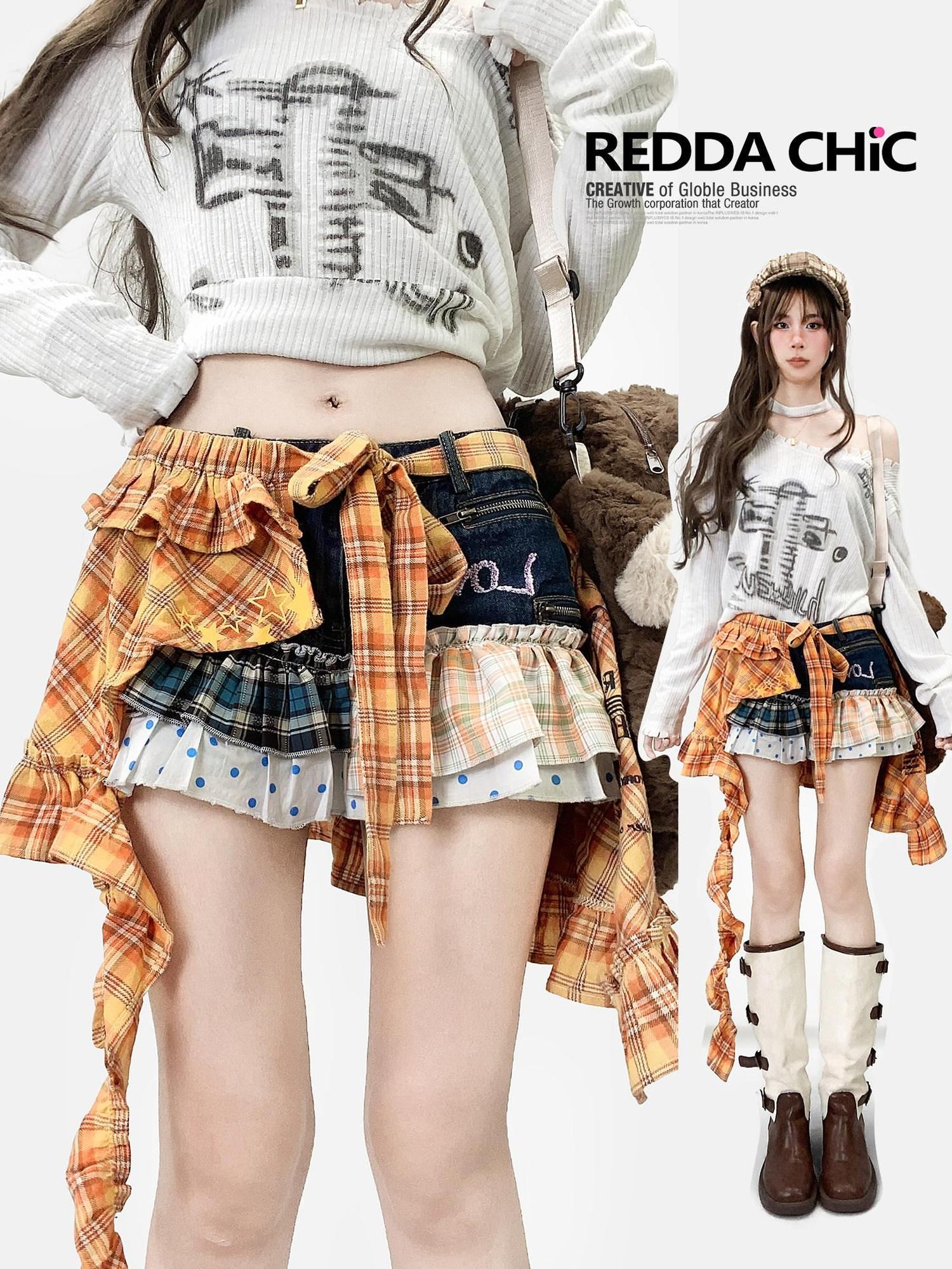 ReddaChic Cute Colorblock Patchwork Loose Fit Girls Y2K Short Sleeve T-Shirts