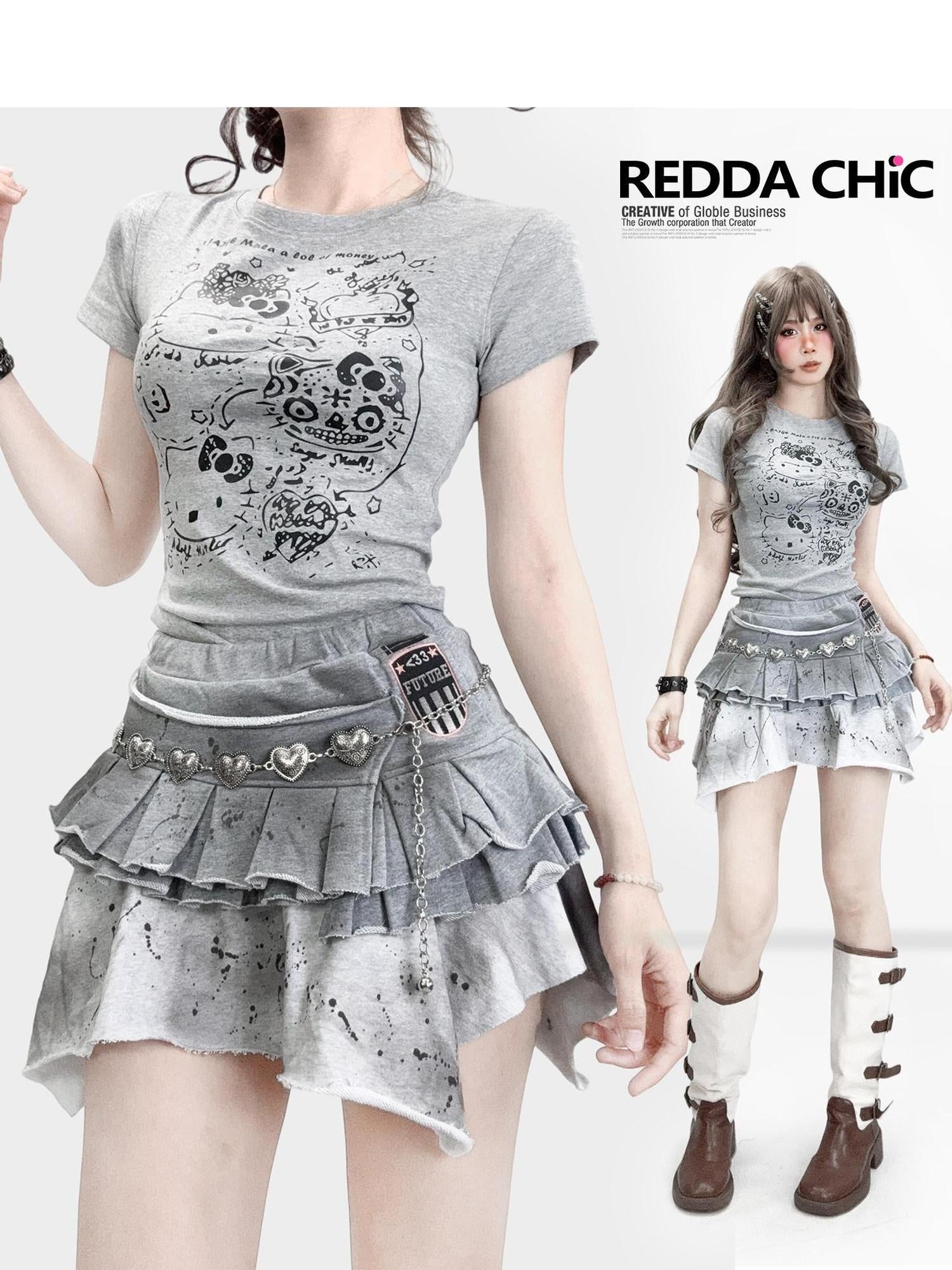 ReddaChic Cute Girlish Slim Cropped Printed Women Cotton Blend Long Sleeve T-Shirts