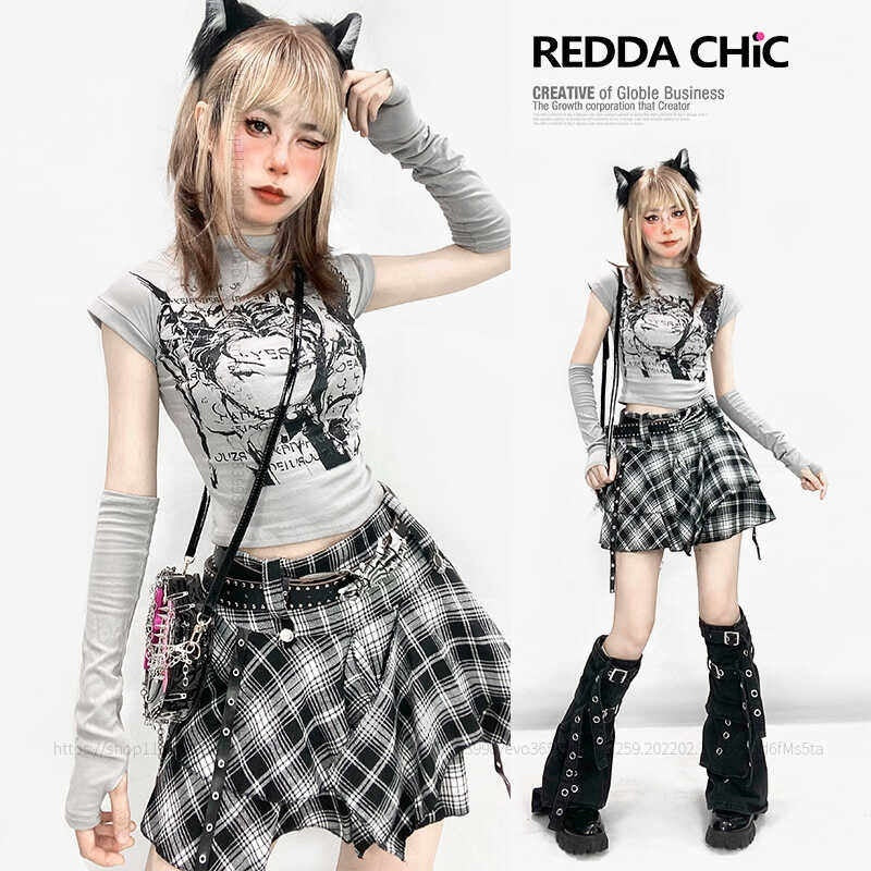 ReddaChic_Cute_Gray_Plaid_Cartoon_Print_One_Size_Office_Casual_Youth_Fashion_Mini_Skirts_MISSTT