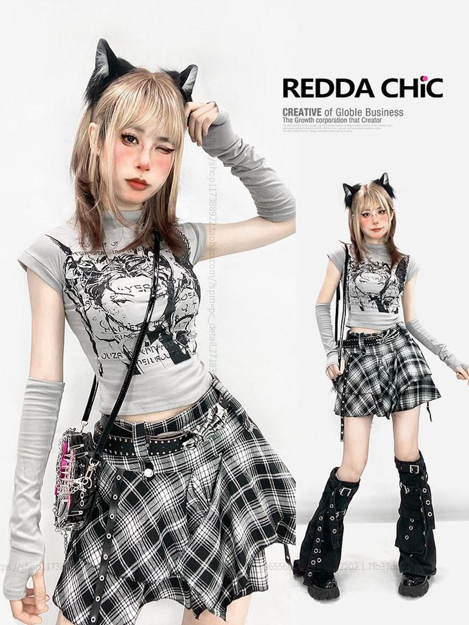 ReddaChic Cute Gray Plaid Cartoon Print One Size Office Casual Youth Fashion Mini Skirts