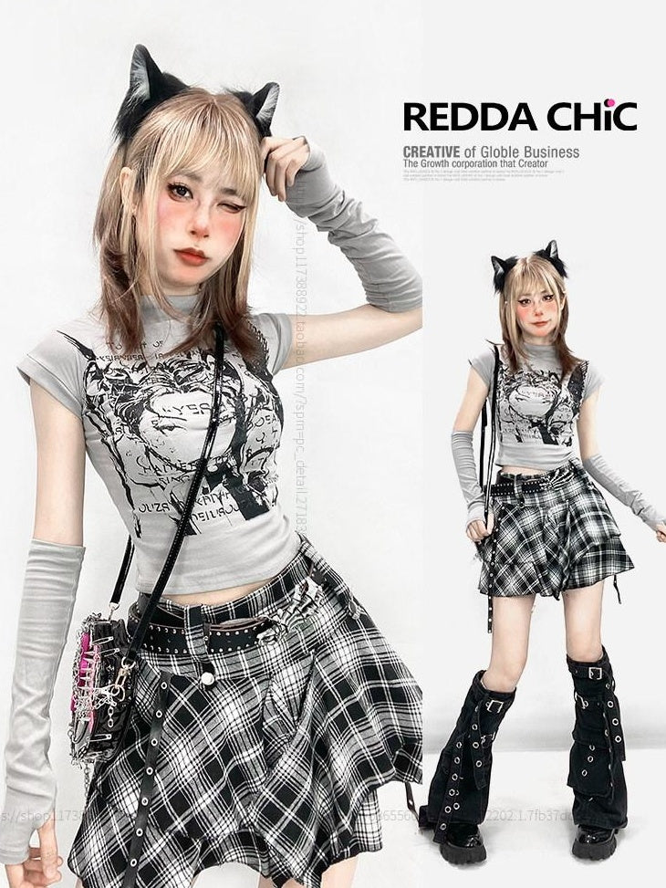 ReddaChic Cute Gray Plaid Cartoon Print One Size Office Casual Youth Fashion Mini Skirts