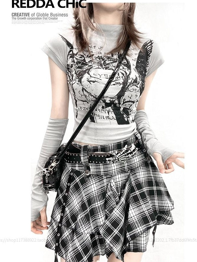 ReddaChic Cute Gray Plaid Cartoon Print One Size Office Casual Youth Fashion Mini Skirts